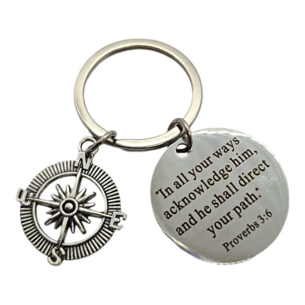 Proverbs 3:6 Stainless Steel Keychain Compass Keyring Inspirational Key Chain - Picture 5 of 5